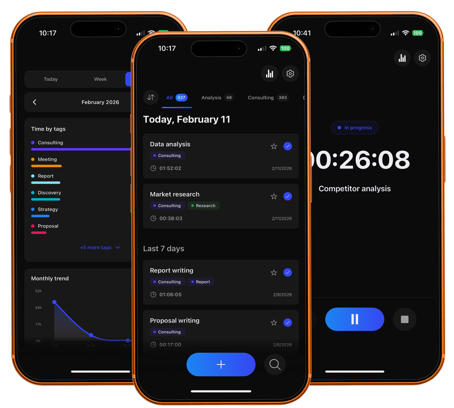 Timello app — timer screen with voice input and task tracking